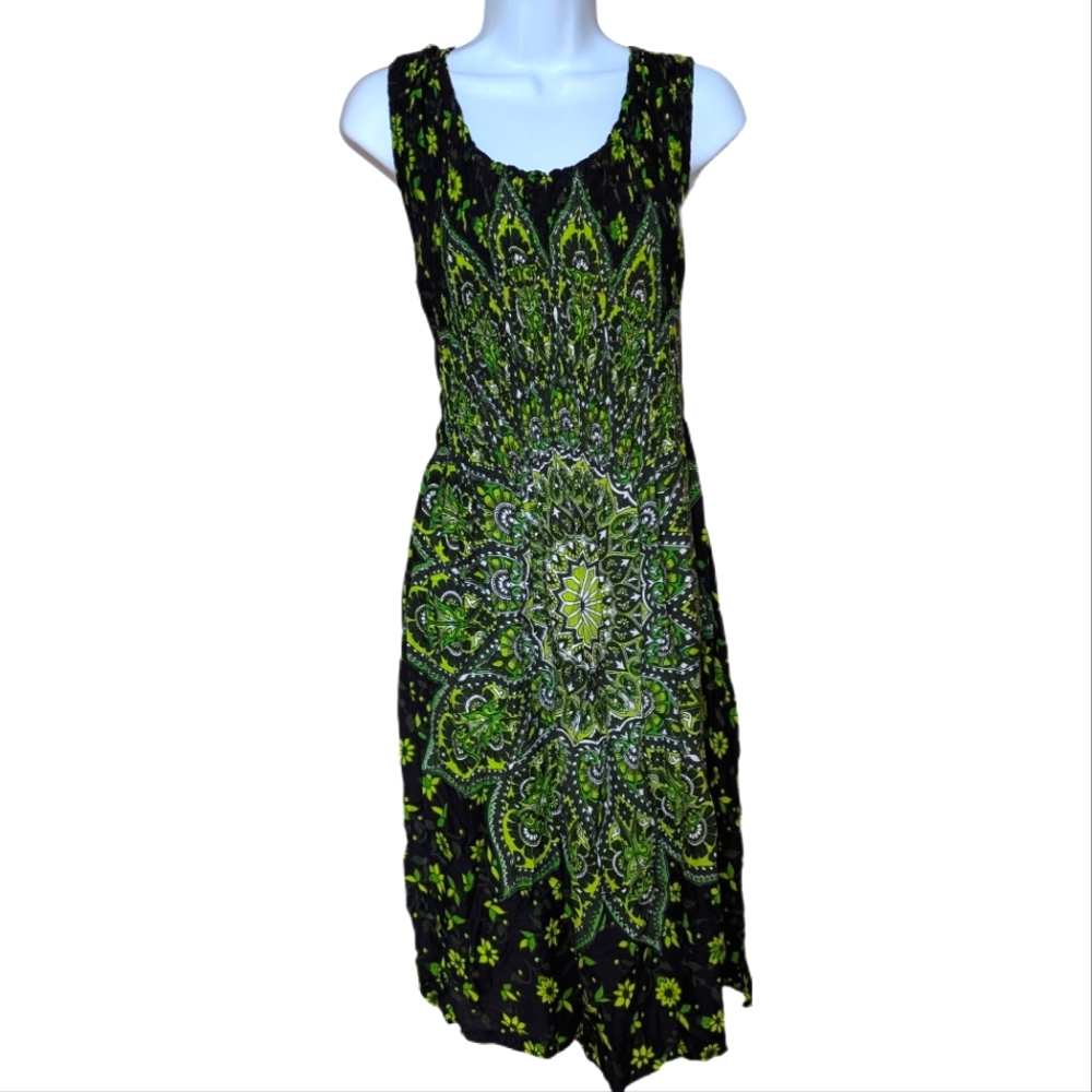Bohemian Green and Black Sleeveless Dress - M